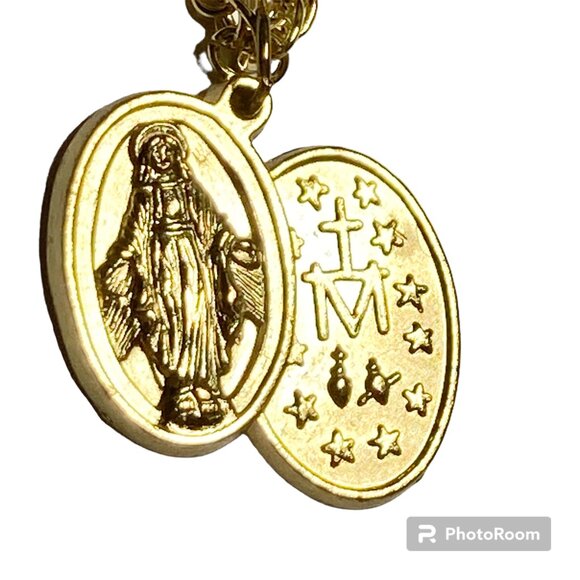 Vintage Immaculate Virgin Mary Sacred Heart Medal Necklace 20" Gold Plated - Picture 1 of 12
